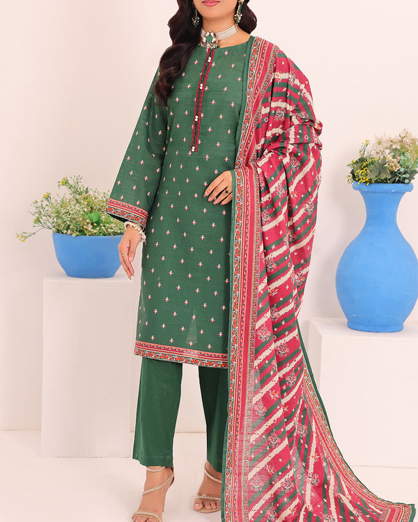 AIZAL Mahnoor Design 07 dark green khaddar three-piece suit with pink and red printed dupatta