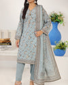 AIZAL Mahnoor Design 09 dusty blue-grey floral printed khaddar three-piece suit with ivory flowers and matching patterned dupatta