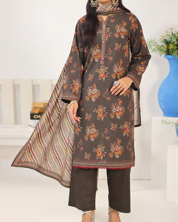 Mahnoor Khaddar – Dark Brown Floral Printed 3PC Ready to Wear