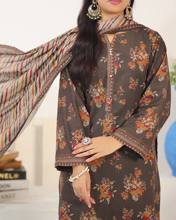 Mahnoor Khaddar – Dark Brown Floral Printed 3PC Ready to Wear