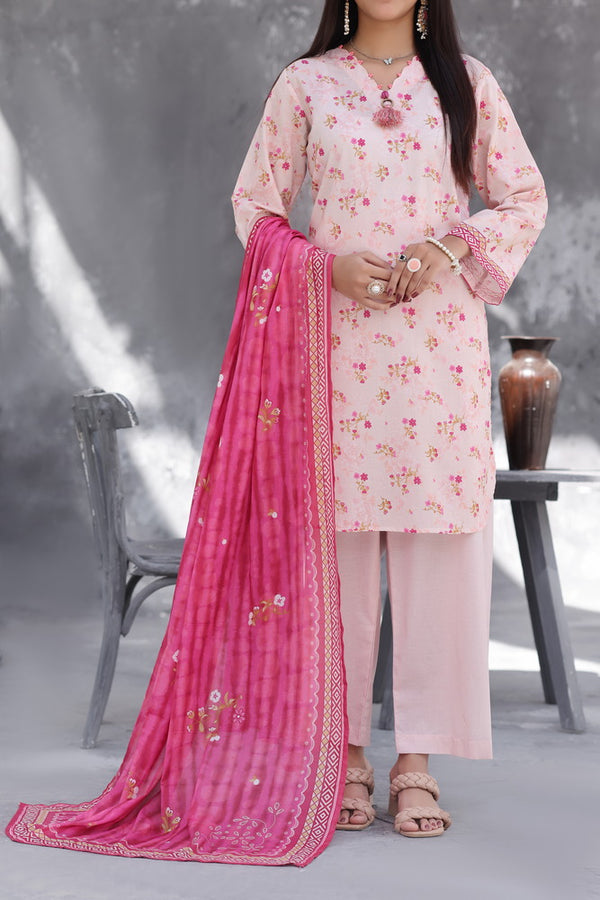 Maya Cambric blush pink floral printed 3PC ready to wear suit with hot pink lawn dupatta