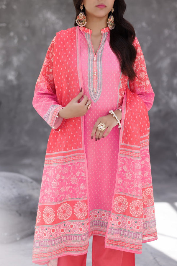 Maya Cambric – Coral Pink Floral Printed 3PC Ready to Wear