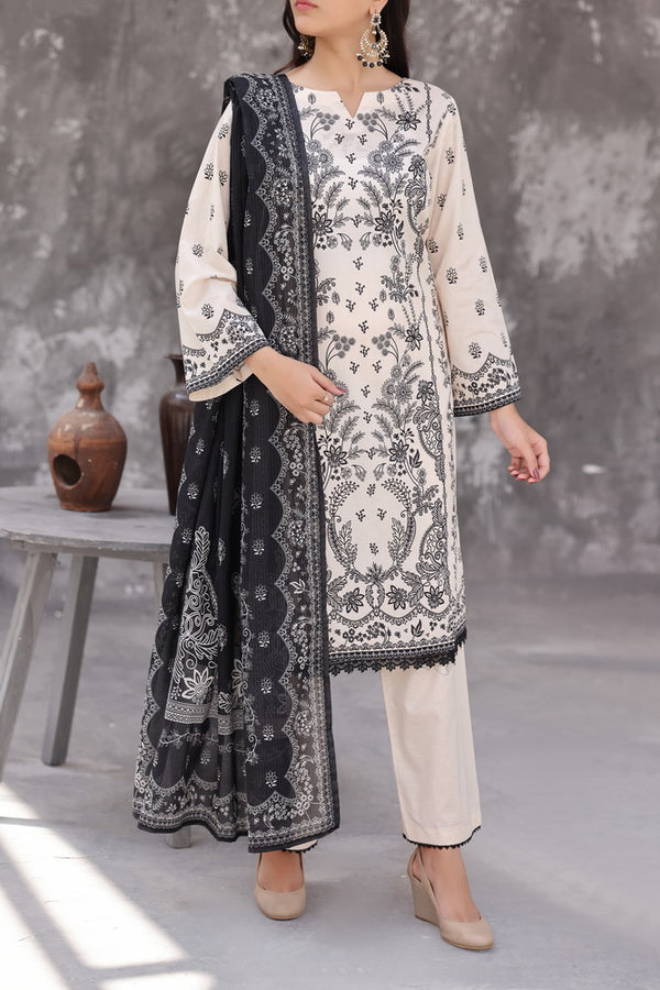 Maya Cambric ivory black floral printed 3PC ready to wear suit with black dupatta