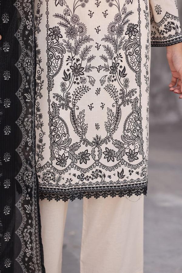 Maya Cambric – Ivory Black Floral Printed 3PC Ready to Wear
