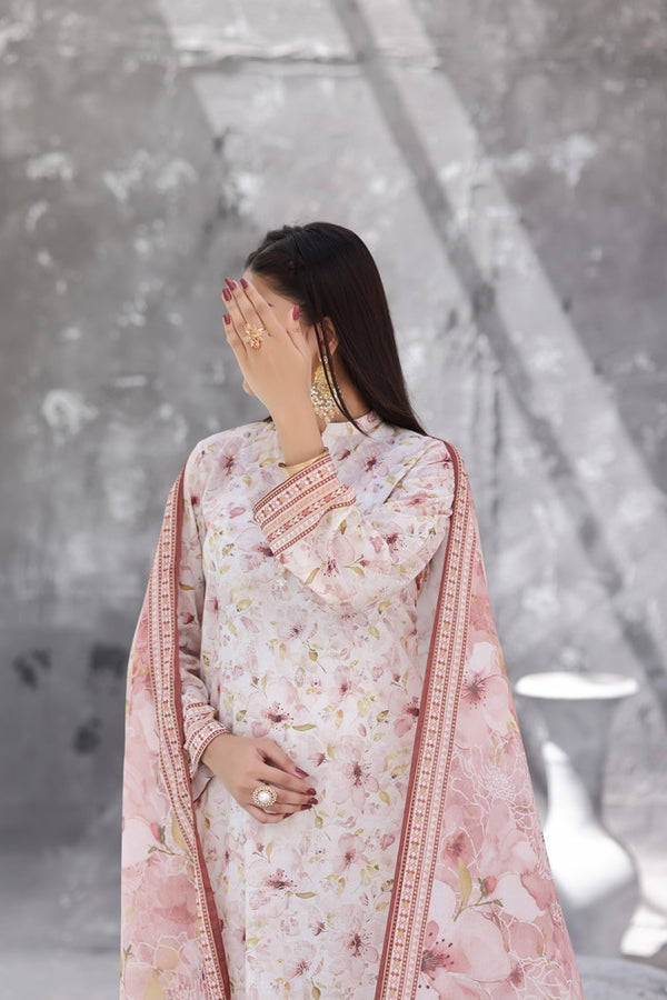 Maya Cambric – Ivory Pink Floral Printed 3PC Ready to Wear