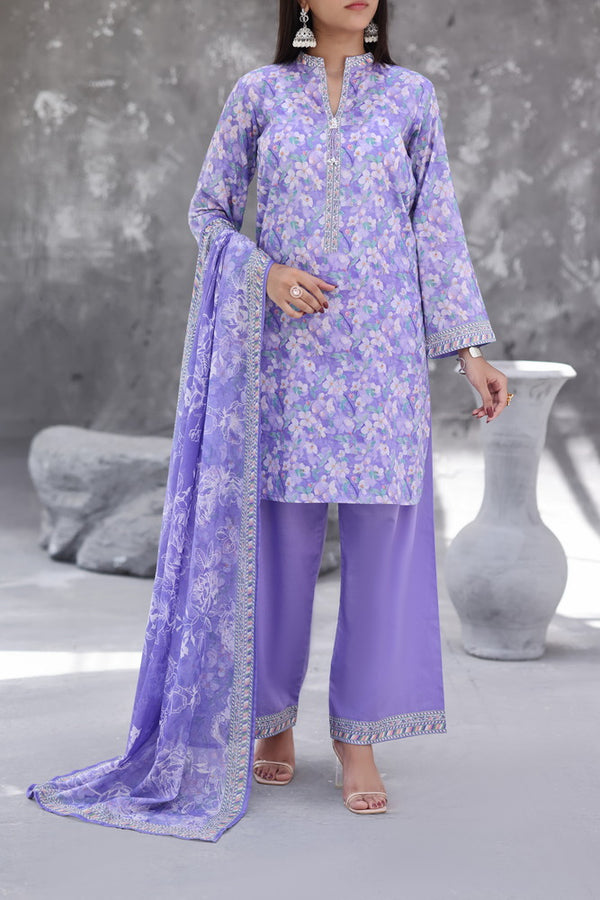 Maya Cambric lavender floral printed 3PC ready to wear suit with purple dupatta