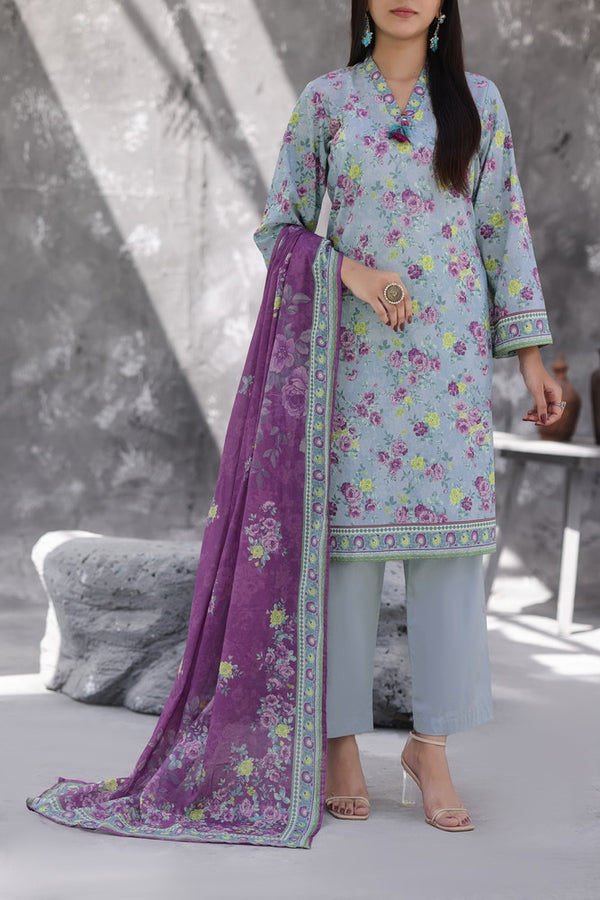 Maya Cambric light blue floral printed 3PC ready to wear suit with purple dupatta