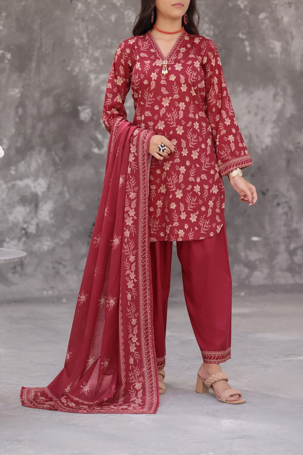 Maya Cambric maroon floral printed 3PC ready to wear suit with lawn dupatta
