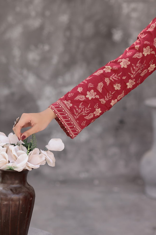 Maya Cambric – Maroon Floral Printed 3PC Ready to Wear