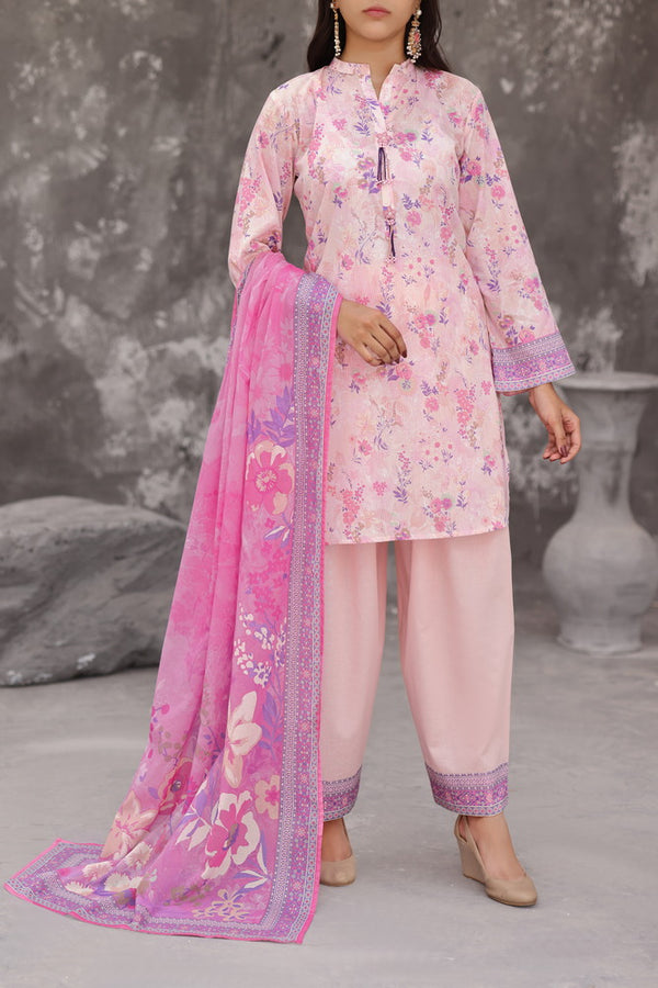 Maya Cambric soft pink floral printed 3PC ready to wear suit with pink lawn dupatta