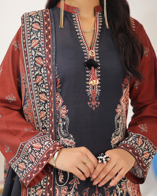 Mahnoor Khaddar – Charcoal Rus Printed 3PC Ready to Wear
