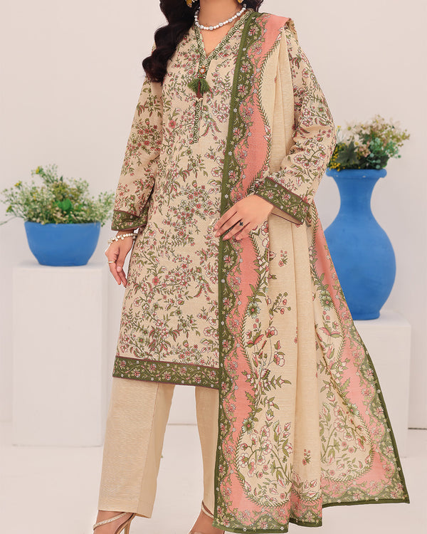 AIZAL Mahnoor Design 02 beige floral printed khaddar 3 piece suit with pink and olive-green details