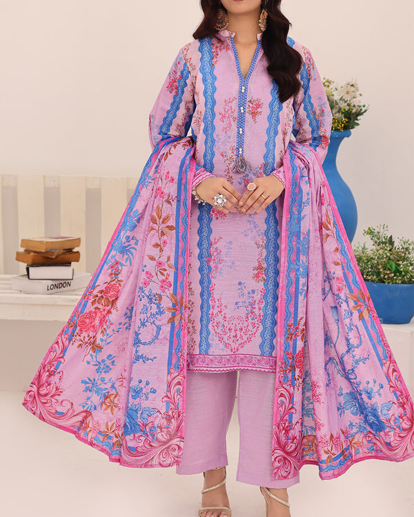 AIZAL Mahnoor Design 06 pink-lilac floral printed khaddar 3 piece suit with blue detailing
