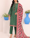 AIZAL Mahnoor Design 07 dark green khaddar three-piece suit with pink and red printed dupatta