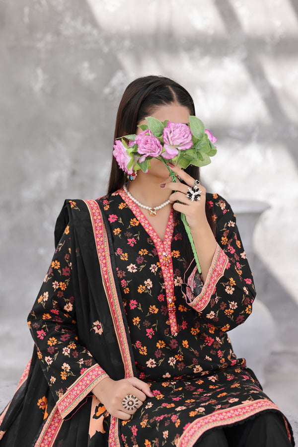 Maya Cambric – Black Floral Printed 3PC Ready to Wear