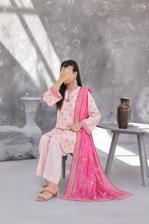 Maya Cambric – Blush Pink Floral Printed 3PC Ready to Wear