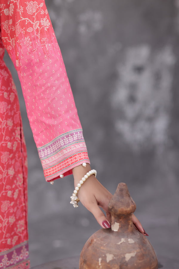 Maya Cambric – Coral Pink Floral Printed 3PC Ready to Wear