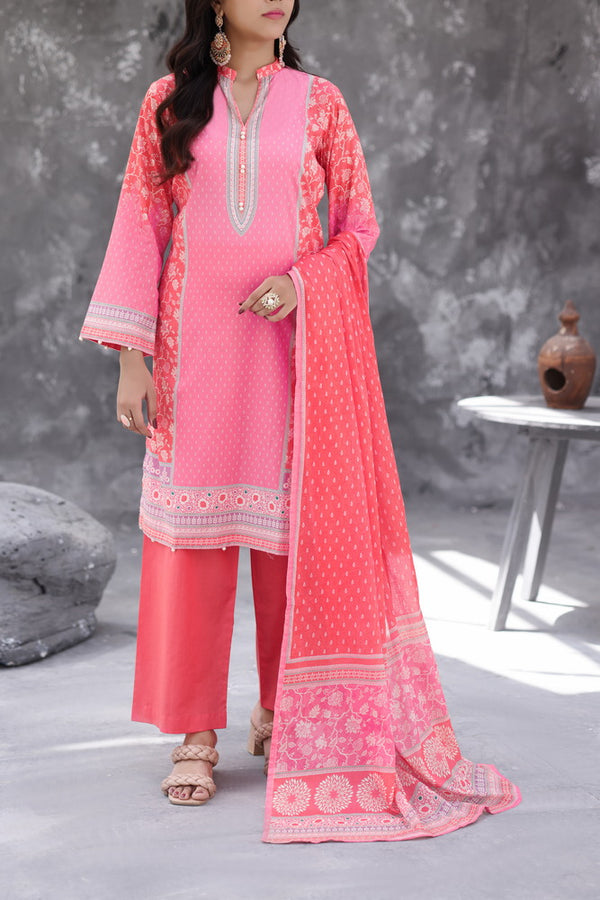 Maya Cambric coral pink floral printed 3PC ready to wear suit with lawn dupatta