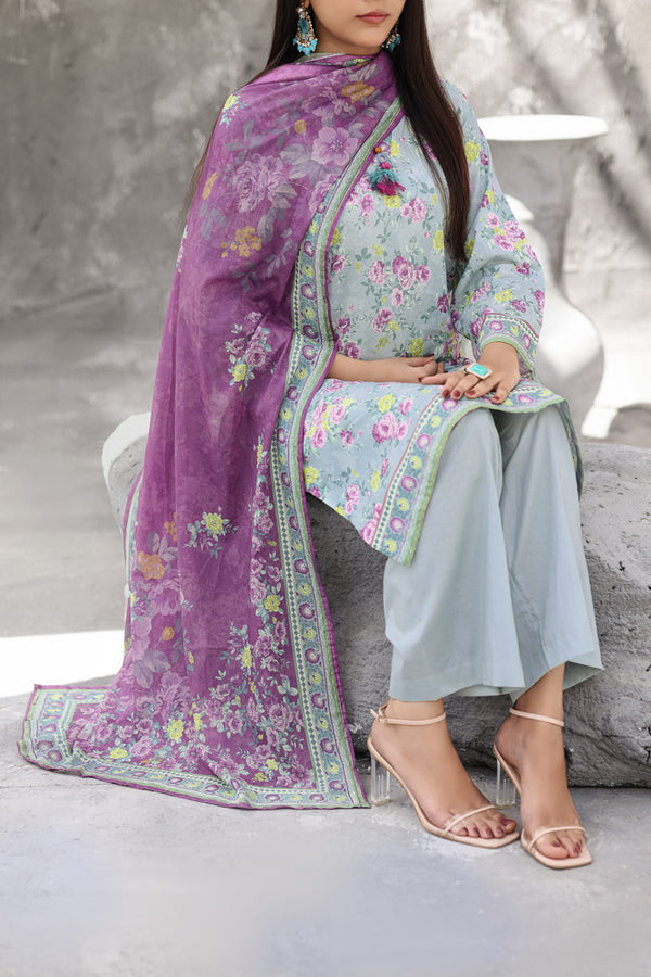 Maya Cambric – Light Blue Floral Printed 3PC Ready to Wear