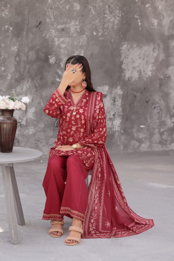 Maya Cambric – Maroon Floral Printed 3PC Ready to Wear