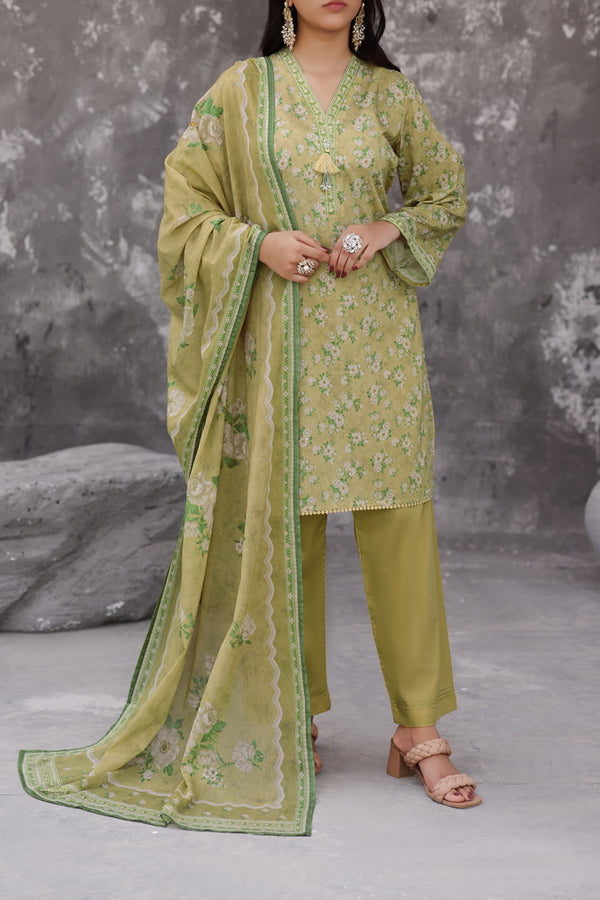 Maya Cambric olive green floral printed 3PC ready to wear suit with lawn dupatta