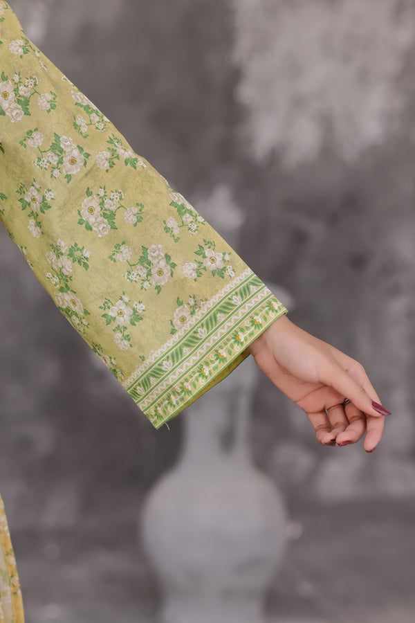 Maya Cambric – Olive Green Floral Printed 3PC Ready to Wear