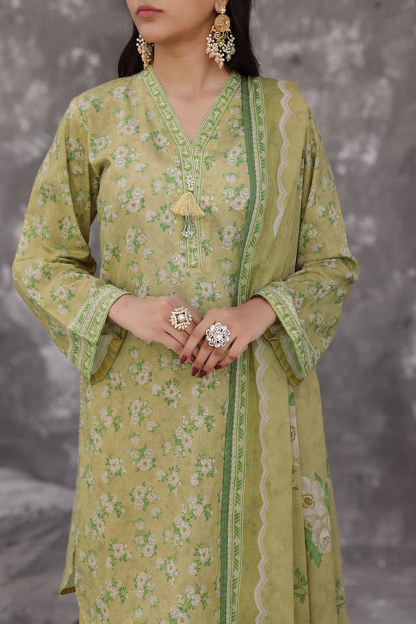 Maya Cambric – Olive Green Floral Printed 3PC Ready to Wear